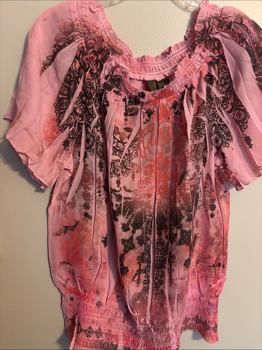 Boho Pink Printed Peasant Top with Flutter Sleeves